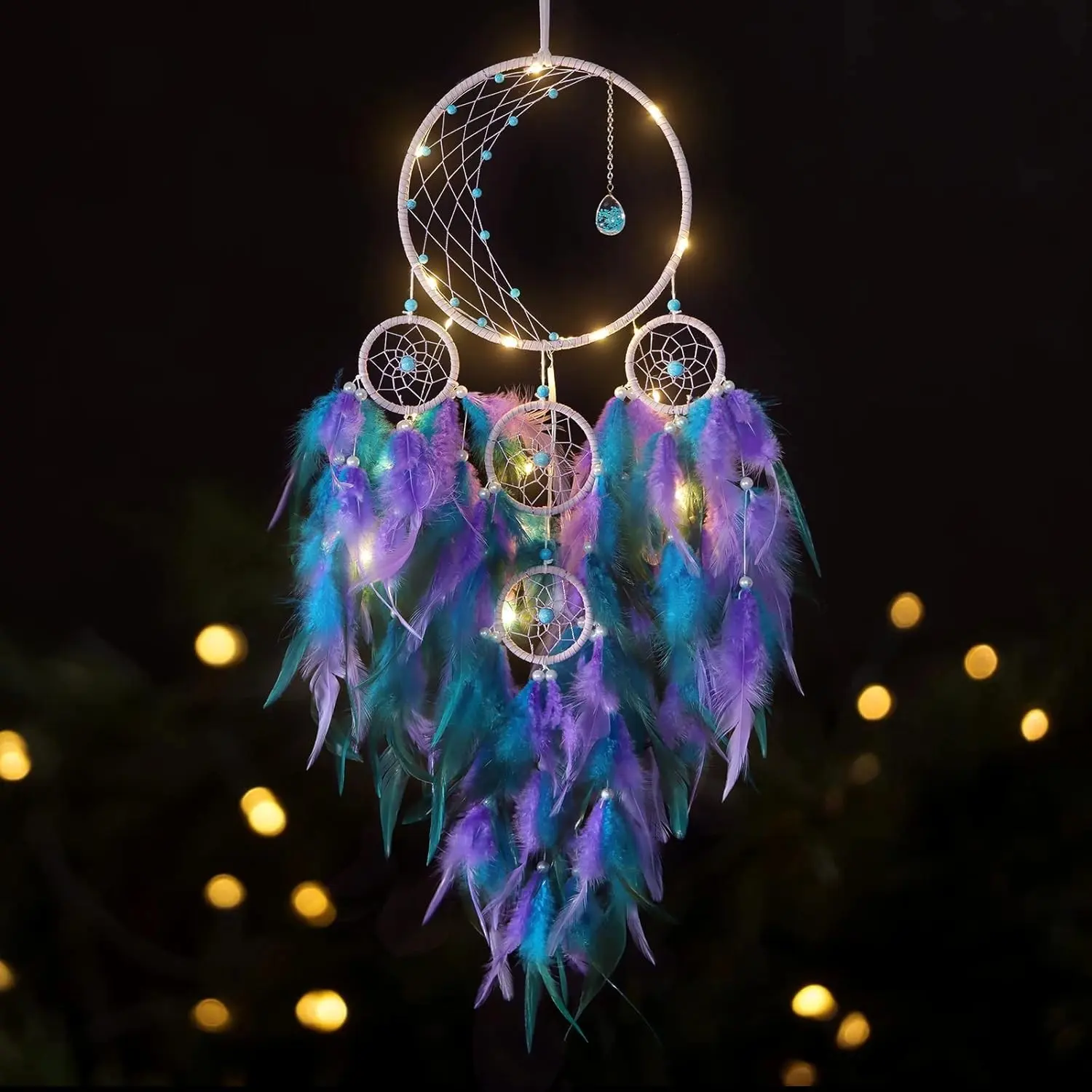 KHOYIME Metal LED Light-Up Moon Shape Half-Circle Dream Catcher, Handmade Feather Hanging Decoration, Bohemian Bedroom Home Decor Craft Gift (Purple-Blue)