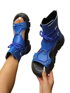 Women's High-Top Sandals, Street Style Lace-Up Hollow Out Open-Toe Chunky Heel, Retro Trendy Outdoor Casual Roman Shoes, Chunky Heeled Sandals