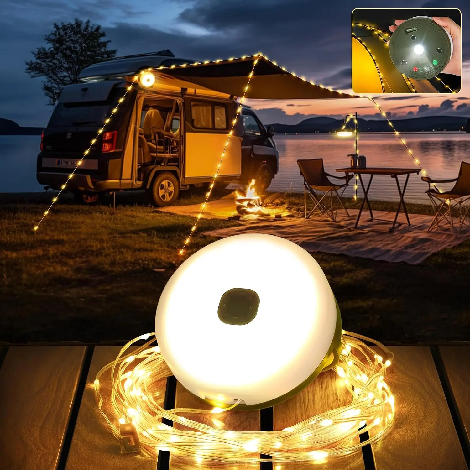 Retractable Camping String Lights Rechargeable 4 in 1 Camp Lights | 33FT 3000mAh 9 Lighting Modes Camping Lights String , Portable String Lights Outdoor for RV, Yard, Tent & Hiking