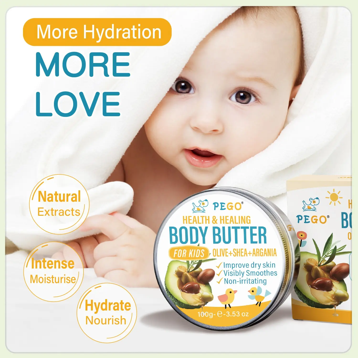 Pego Baby Moisturizing Cream with Shea Butter, Deeply Nourishes Sensitive Skin, Skin Nourishing Formula, Daily Use, 100g, Newborn Infant & Child Face & Body Care