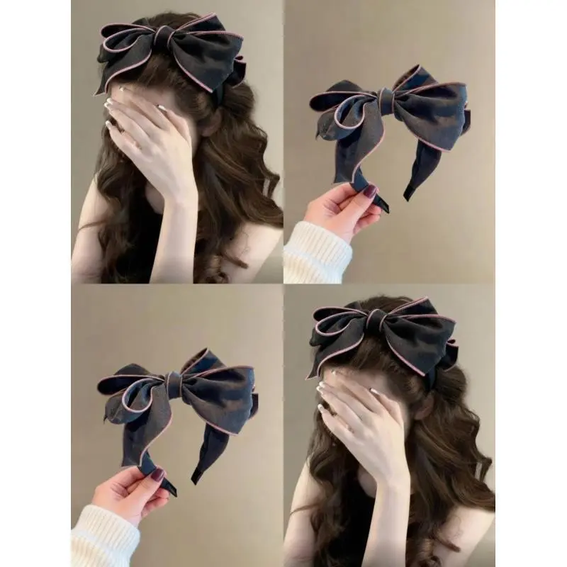 Dark Denim Big Bow Wide Headband Pink Contrast Edge Splice Fabric Hair Hoop Women Retro Sweet School Daily Hair Accessory, Contrast Piping Edge, Casual Daily Looks