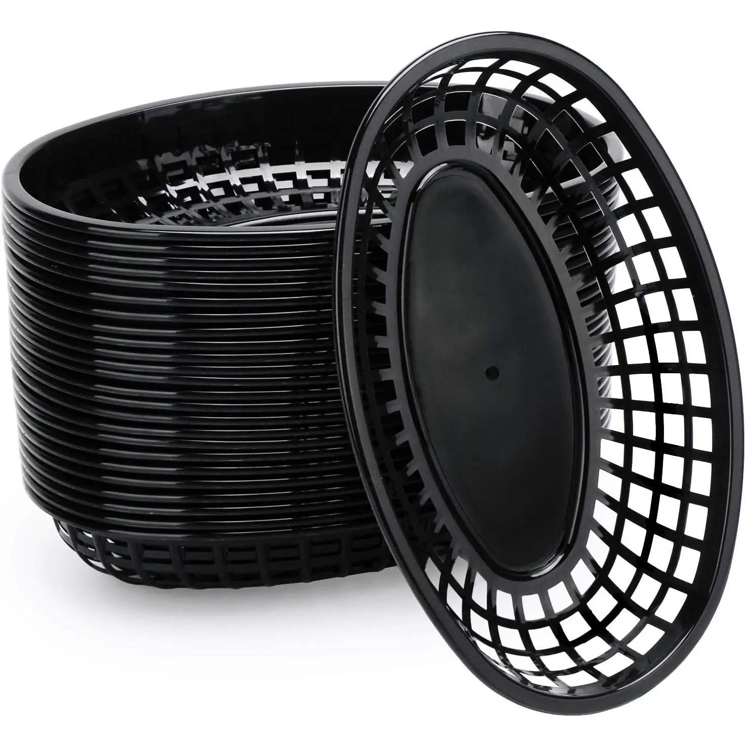 EUSOAR Plastic Oval Serving Baskets, 24pcs, 9.4x6x1.5in Black Retro Kitchen Storage Baskets, Microwave & Dishwasher Safe for Picnic, Burgers, Sandwiches, Organiser