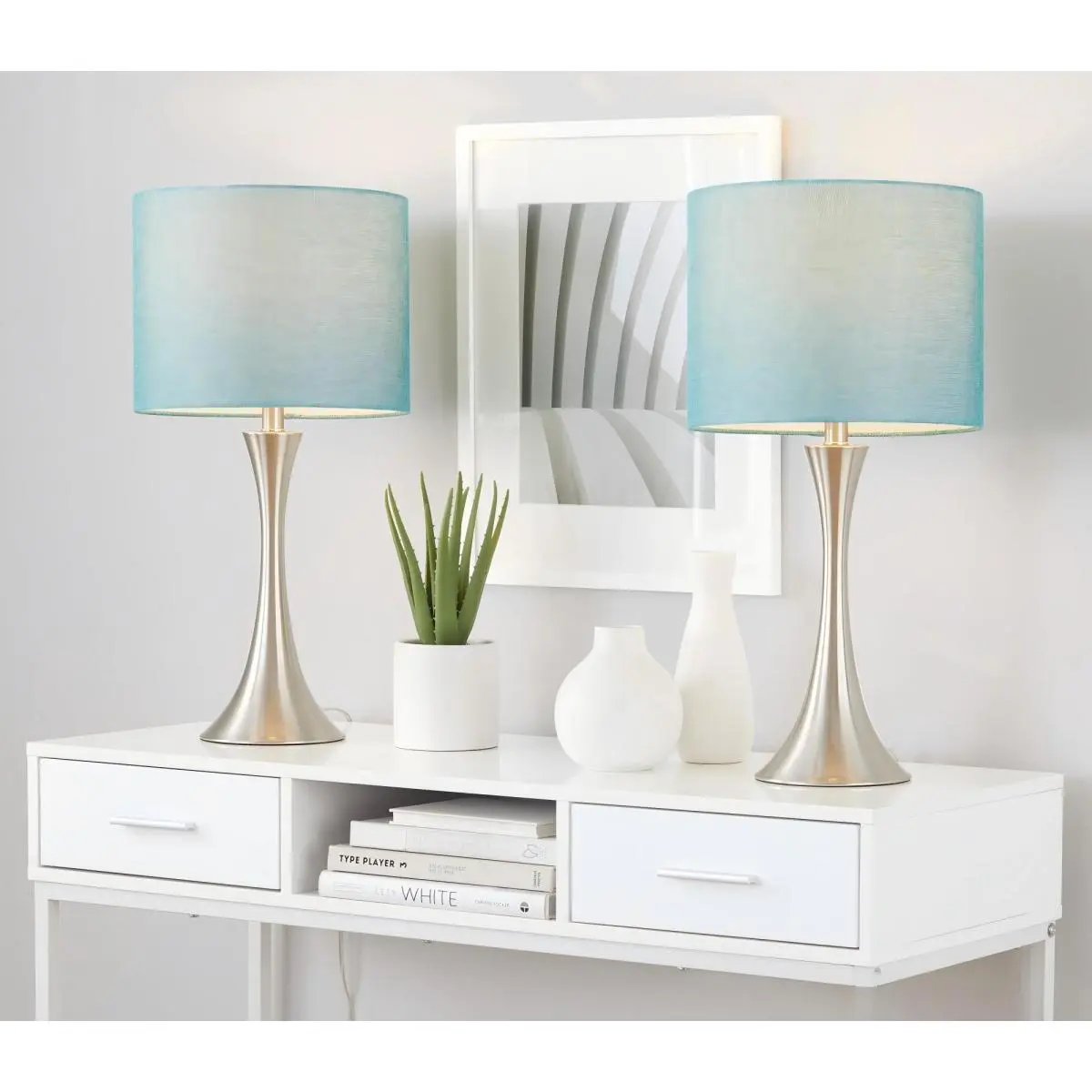 24" Contemporary Metal Table Lamp in Brushed Nickel with Turquoise Textured Linen Shade from Grandview Gallery  - Set of 2