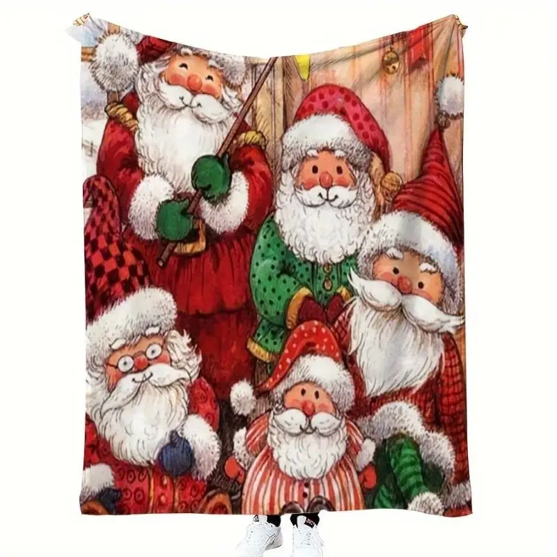 Christmas Themed Santa Claus Patterned Super Soft High-Quality Flannel Throw Blanket, Bedding Accessory for Bedroom, Christmas Party Decor & Holiday Gift