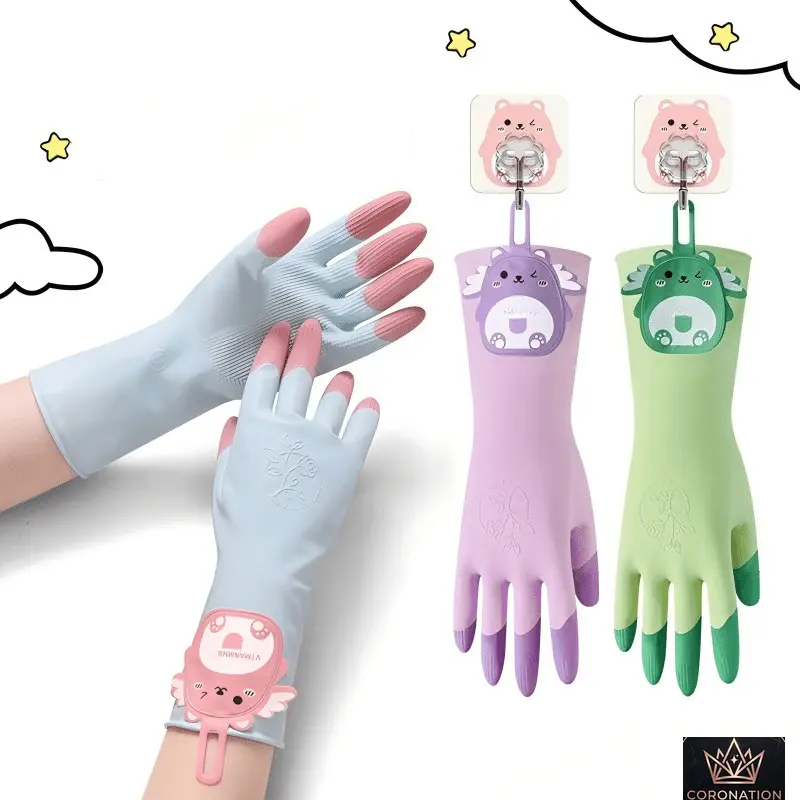 Cleaning Gloves, Cute Cartoon Reusable Dishwashing Gloves with Hanging Loop, Waterproof Household Kitchen Gloves, Colorful Hand Protection for Washing Dishes, Laundry, Cleaning & Daily Chores