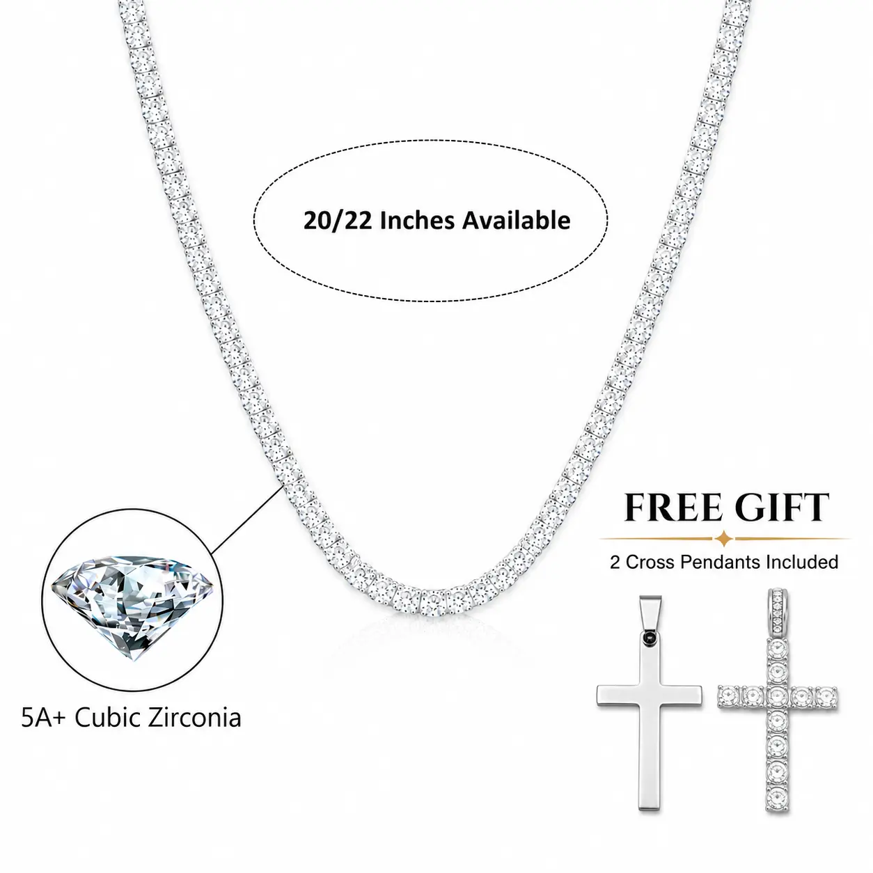 Classic Silver Tennis Necklace with 2 Cross Pendants , 3mm Cubic Zirconia for Everyday Wear, Unisex Fit with Secure Box Clasp for Adults, Daily, Enhanced Clasp, Upgraded Box Clasp