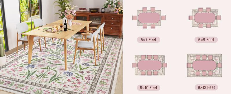 Amearea 8x10 Area Faux Cashmere Rugs for Living Room, Washable Area Rugs 8 x 10 Pink Floral Rug, Vintage Low Pile Cute Room Print Carpet, Non Slip Office Nursery Bedroom Dining Room Farmhouse Decor