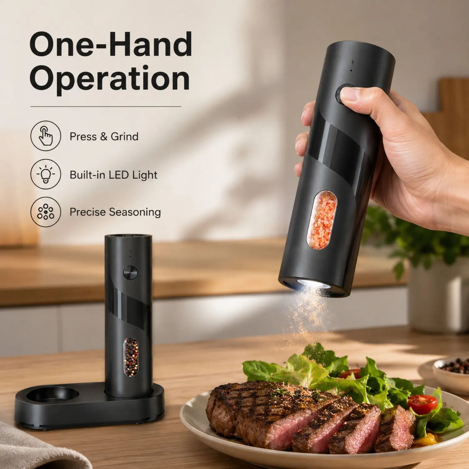 Modern 2-Piece Plastic Electric Rechargeable Salt & Pepper Grinder Set - 110ml Large Capacity Top-Refill Automatic Spice Mill with Charging Base, Adjustable Coarseness, LED Light, Home Kitchen Seasoning Utensils, Independence Day Gifts
