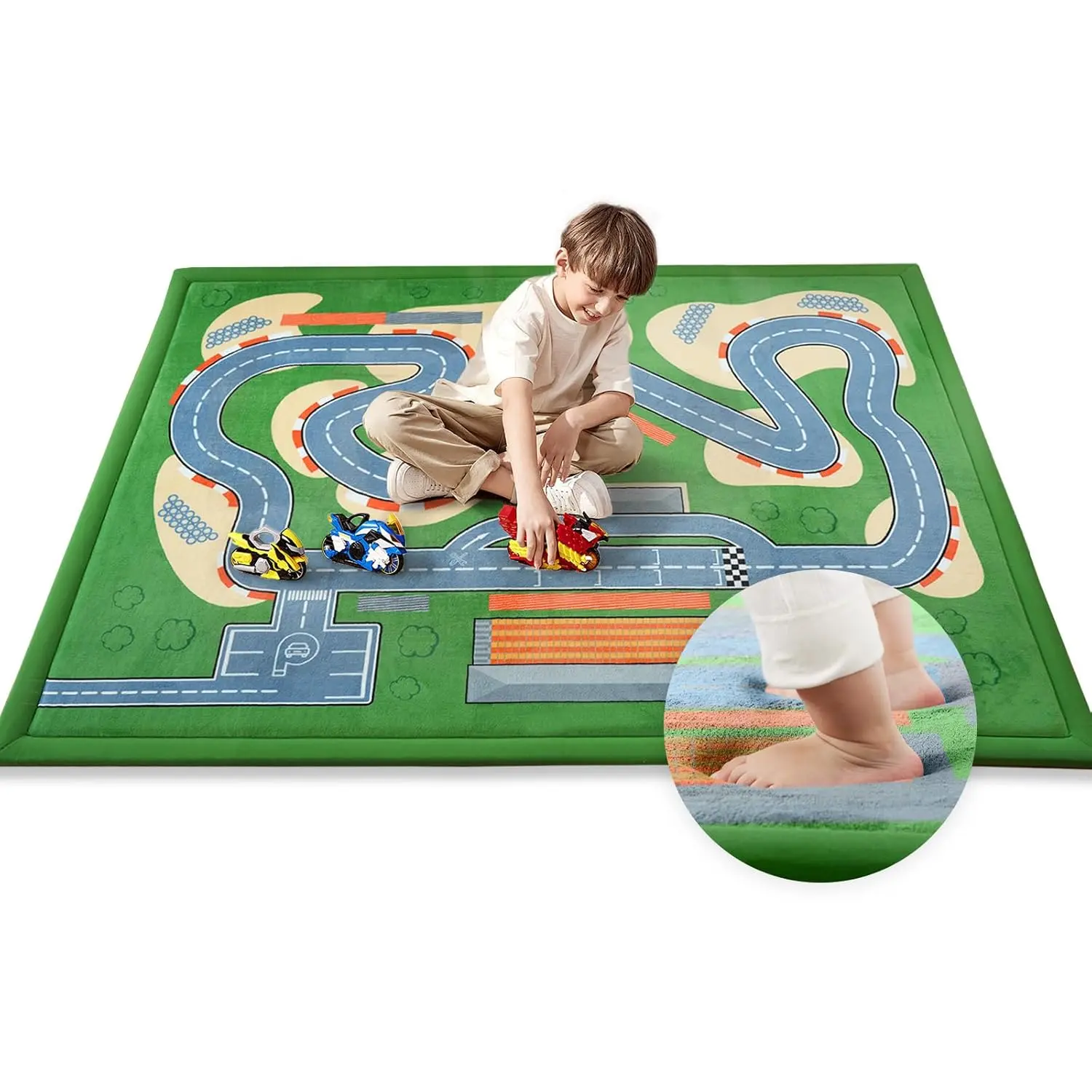 1.3" Thick Educational Baby Floor Play Mat 59x79, Basic Padded Memory Foam Kids Mat, Non-Slip Plush Playmat  Nursery Playroom Classroom (Race Track)