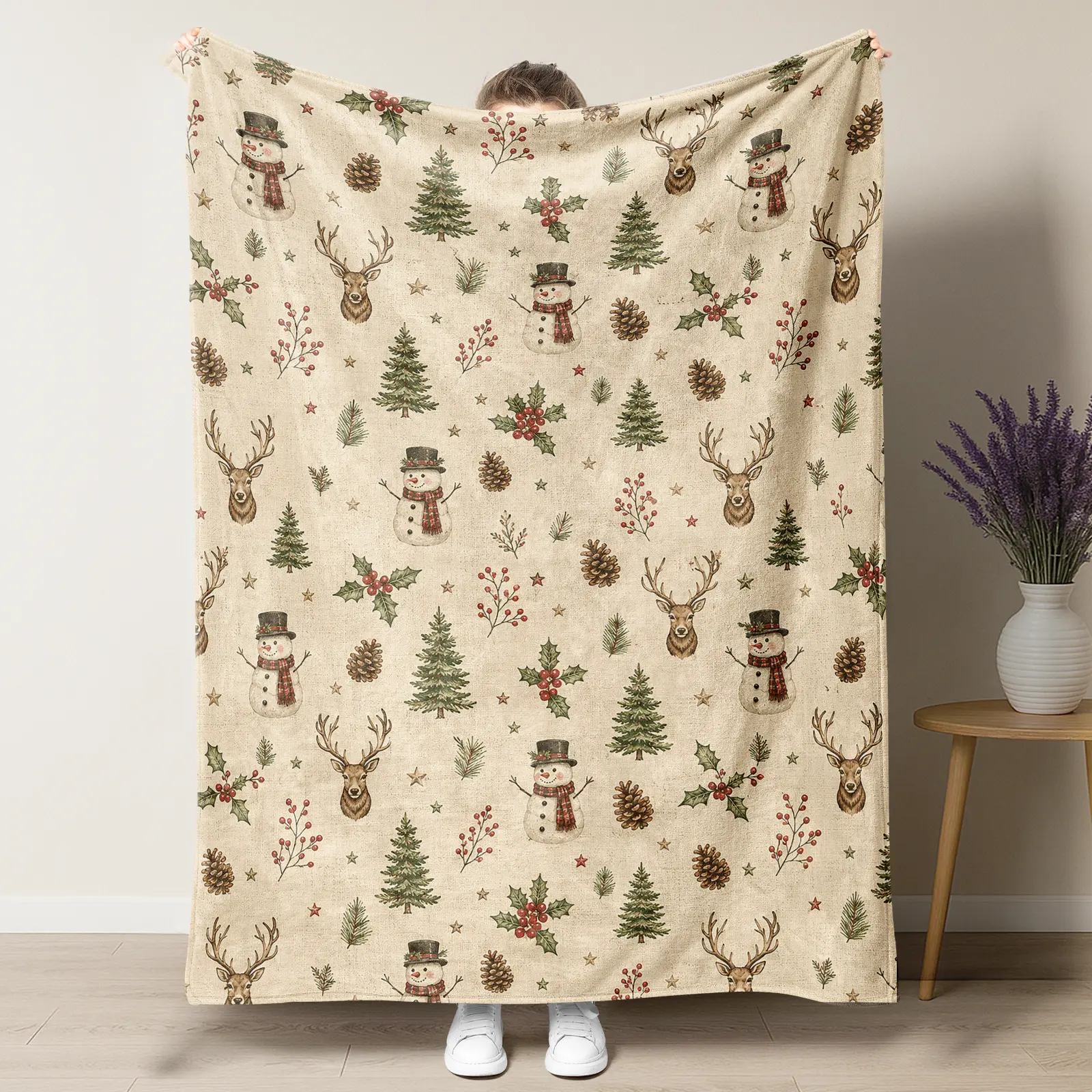 Vintage Christmas Throw Blanket, Neutral Beige Snowman & Reindeer Fleece Blanket, Rustic Farmhouse Winter Holiday Decor for Couch Bed, Traditional Xmas Pine Tree Throw