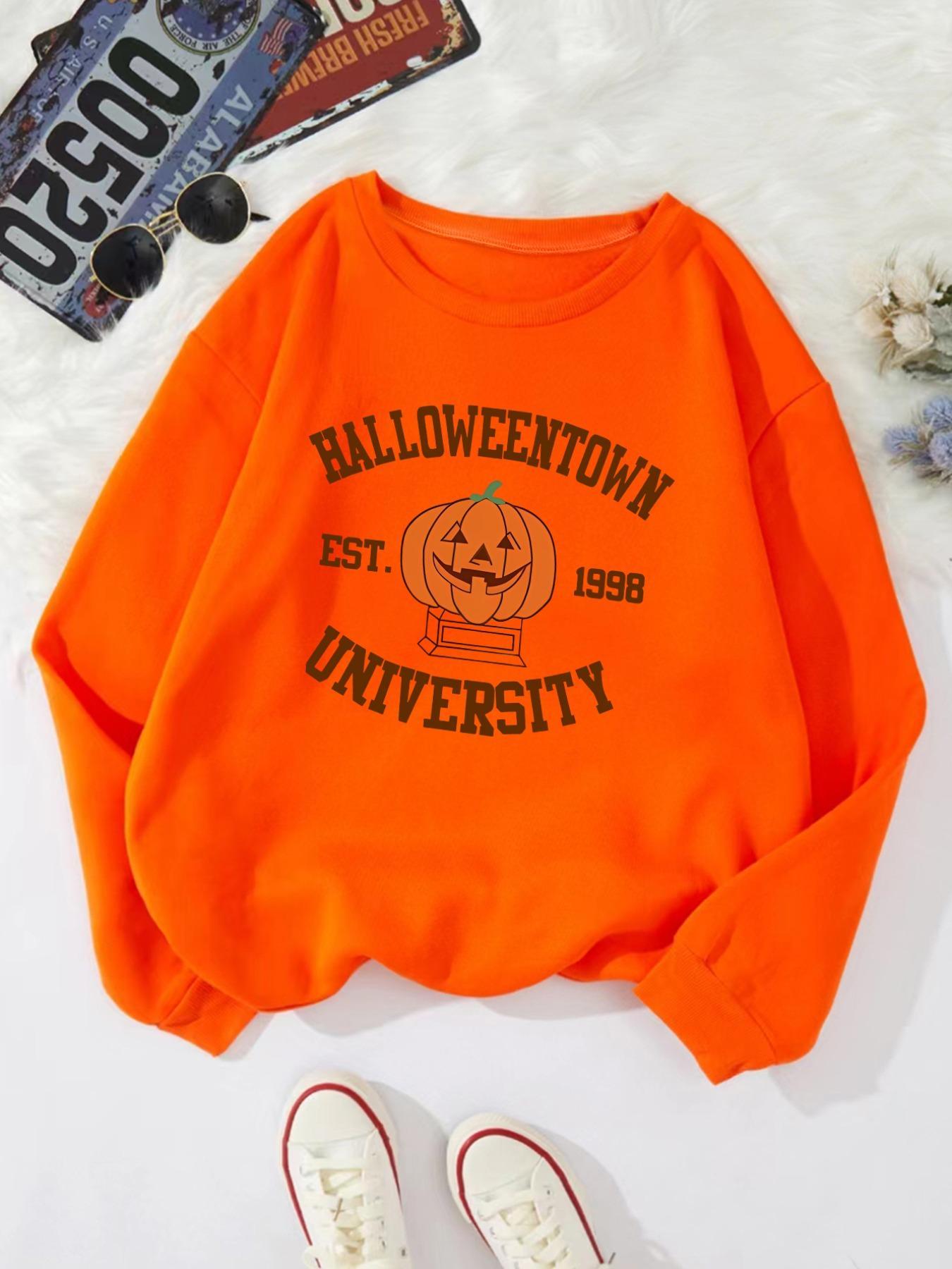 Women's Letter Print Drop Shoulder Sweatshirt, Casual Halloween Long Sleeve Round Neck Pullover for Spring & Fall, Lady Clothes for Daily Wear Black Girl Outfits