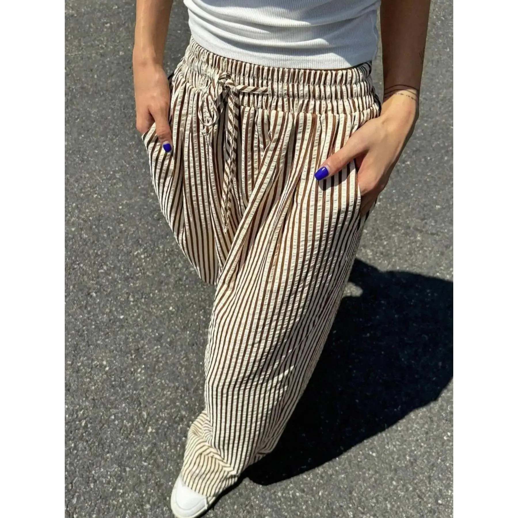Women's Striped Print Drawstring Waist Wide Leg Pants, Casual Bohemian Trousers, Casual Pocket Trousers for Daily Wear, Ladies Bottoms for All Seasons