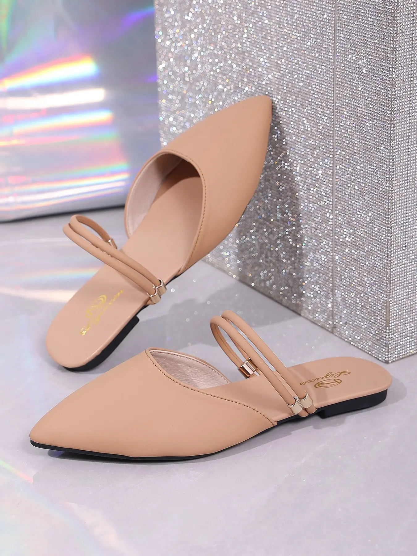Pointed Toe Dual Strap Slip-On Mules Sandals, Half Enclosed Forefoot, Open Back Design, Flat Rubber Sole, Casual Style, Ideal for Daily Use