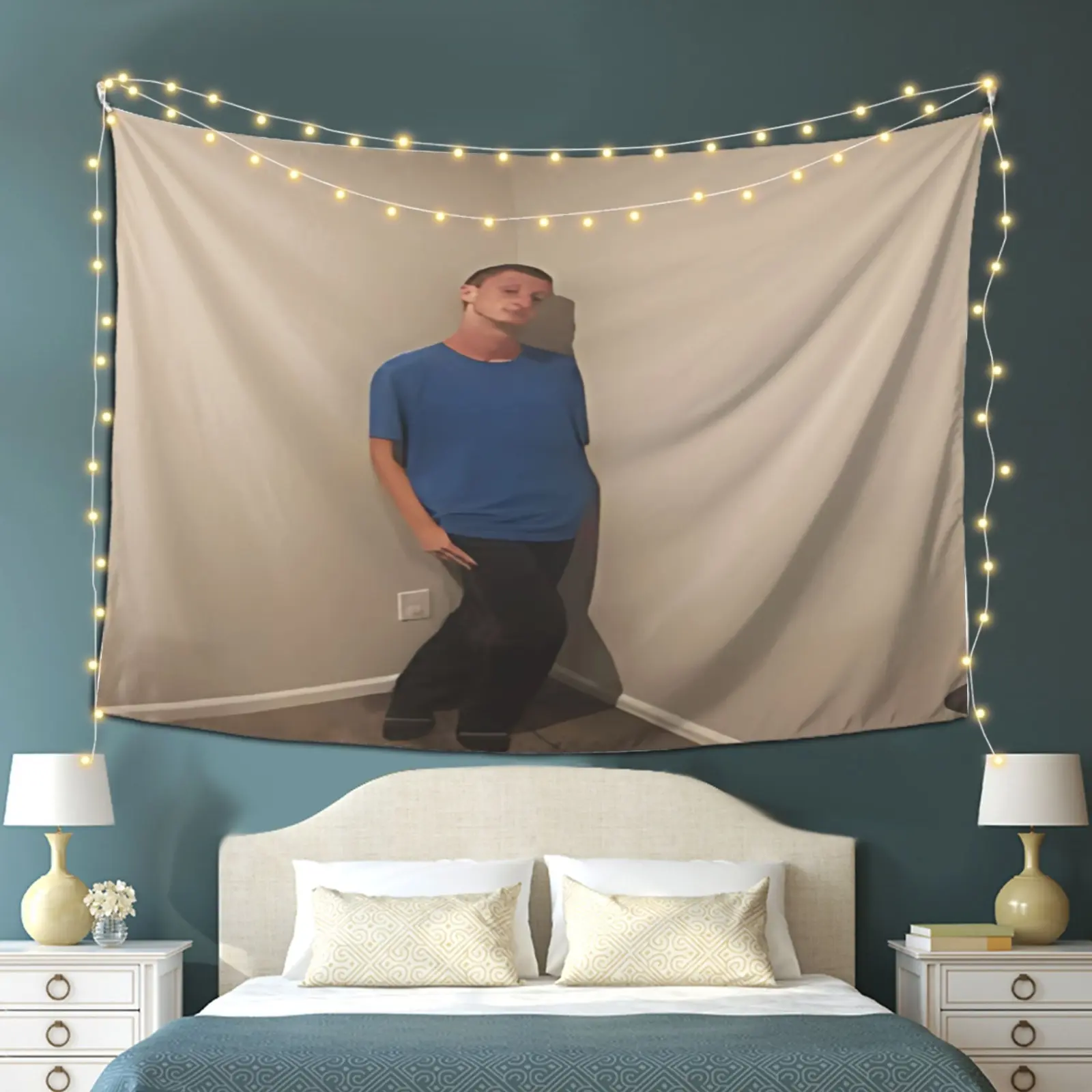 Daniel Larson'S Minimalist Portrait Tapestry - a Large Horizontal Wall Decoration in Soft Pastel Shades (Beige, White, Blue, Black) - Made of Polyester Fabric, Suitable for Bedrooms, Living Rooms, Offices