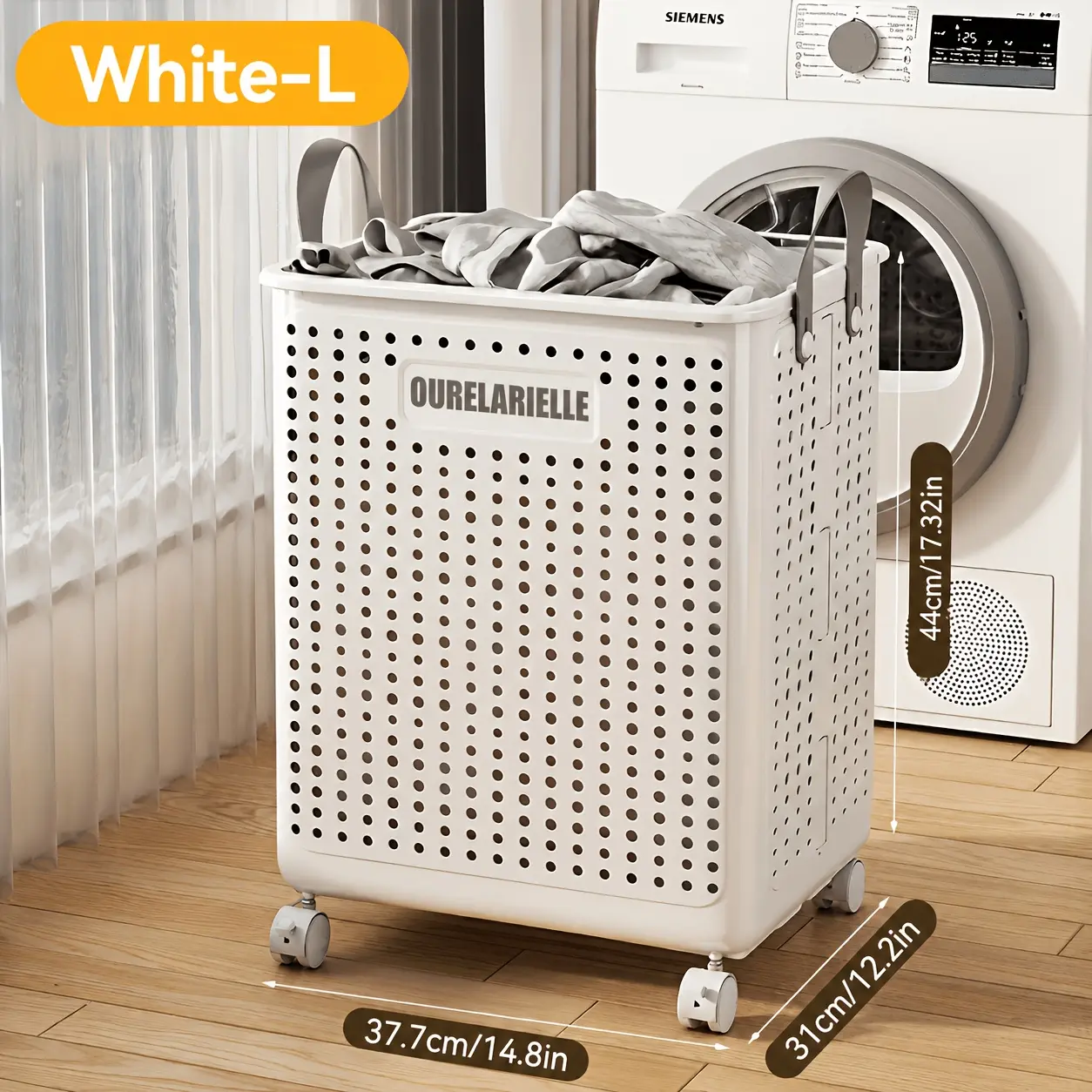 OURELARIELLE "Spacious" foldable large medium ceramic white laundry basket, uncovered - imitation leather, hand wash, solid color, versatile portable laundry basket with wheels, suitable for bathroom and balcony storage