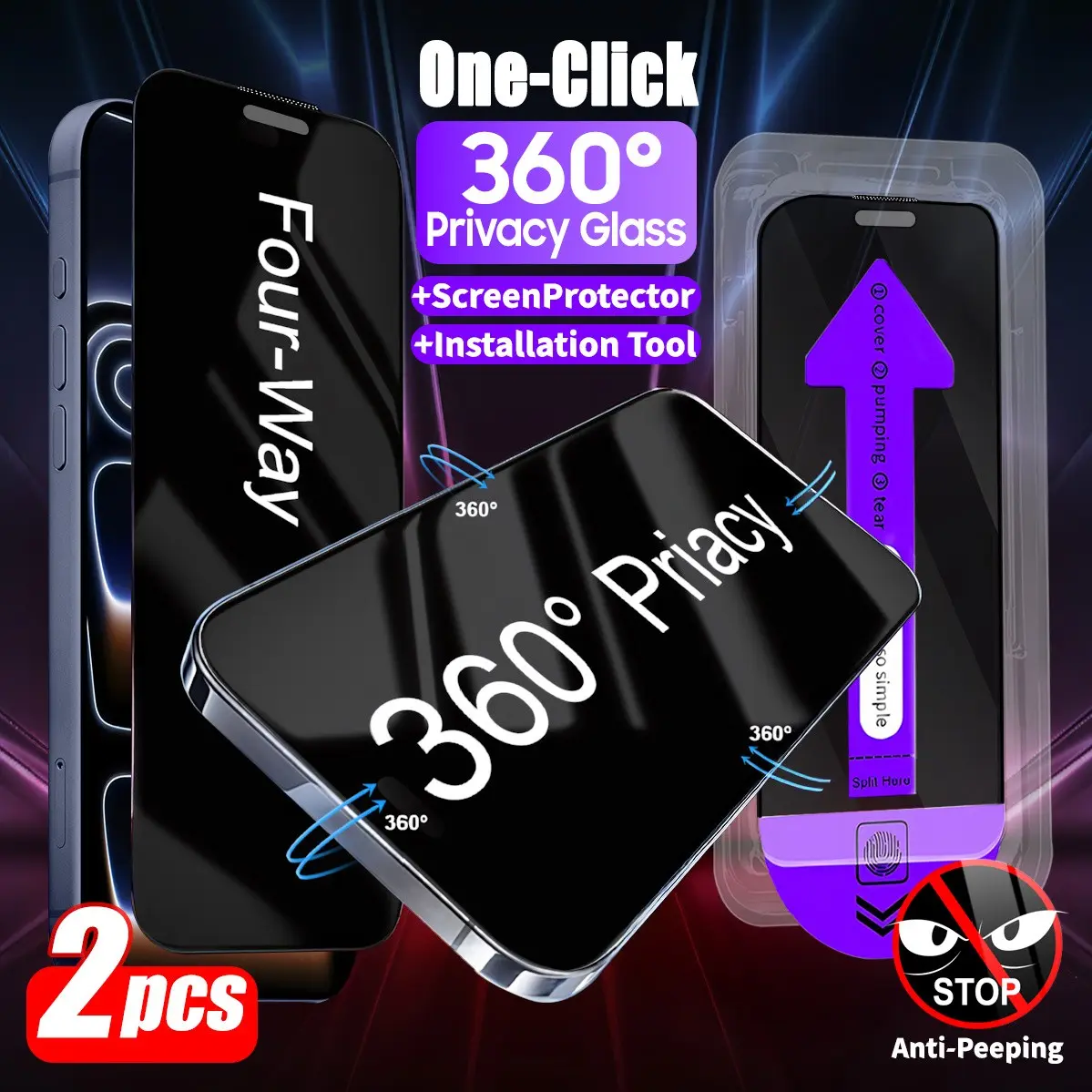 360° Anti-Spy Tempered Glass Screen Protector for iPhone 17 Pro Max/17/16/15/14/13/12 Plus & Mini, Dust-Free, HD Clear, Finger Print Resistant, 2 Pcs