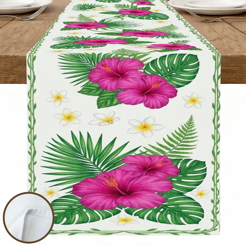 1pc Hibiscus Leaf Floral Table Runner, Tropical Style, Printed Pattern and Decorative Border, for Dining Table Kitchen Decor Home Decor Summer Decor