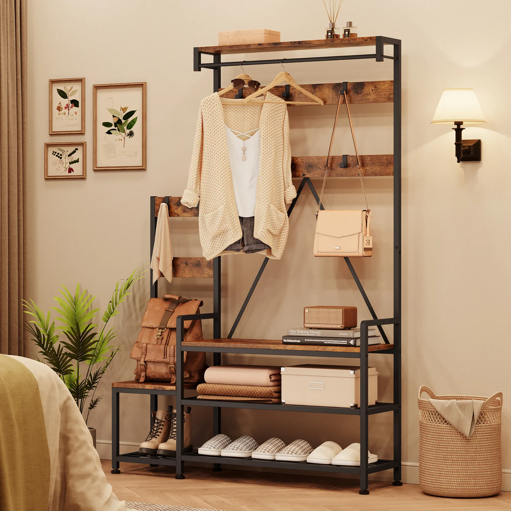 Industrial Freestanding Hall Tree Entryway Coat Rack with Shoe Storage Bench, Metal Frame, Multiple Hooks, Hanging Bar, Storage Cubbies & Top Open Shelf, Rustic Brown Entry Organizer