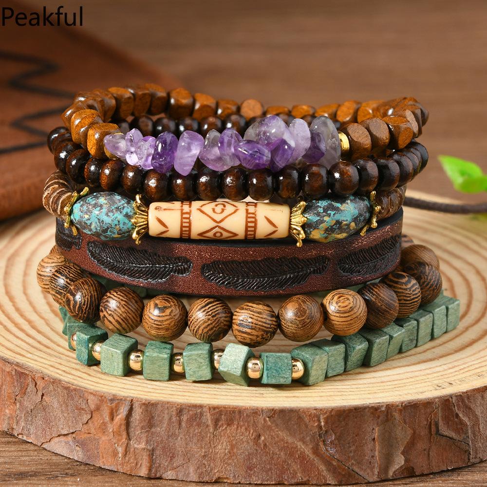 6pcs Bohemia Ethnic Beaded Bracelets For Men Vintage Multi Layer Wooden Beads Life Tree Beaded Bracelets Accessory Gifts Party