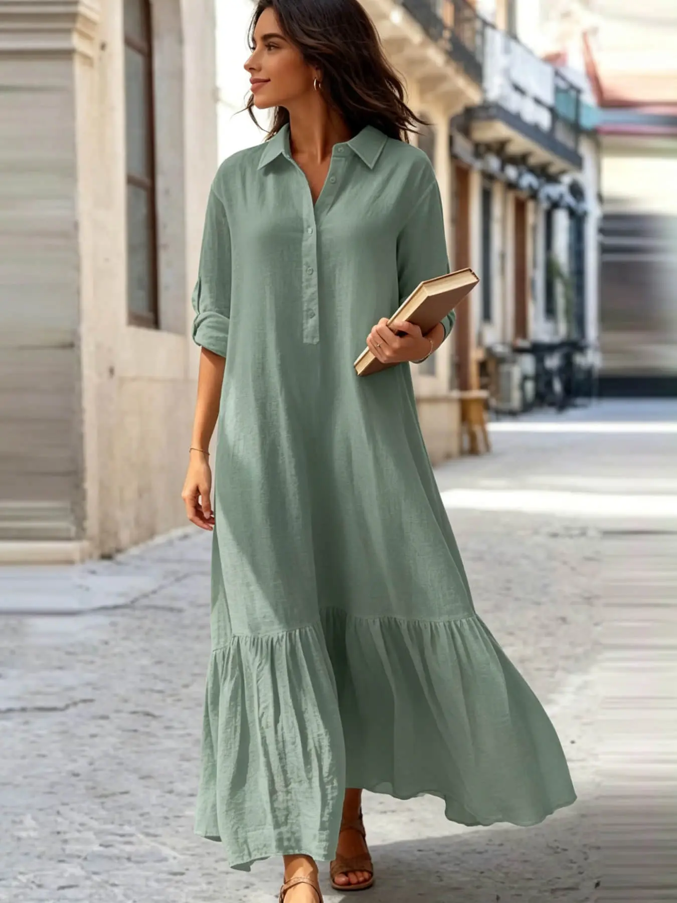 A women's fashionable, gentle, casual, lazy style solid color buttoned dress with a shirt collar twist button design, suitable for summer, daily commuting, beach travel, dates, picnics, etc.