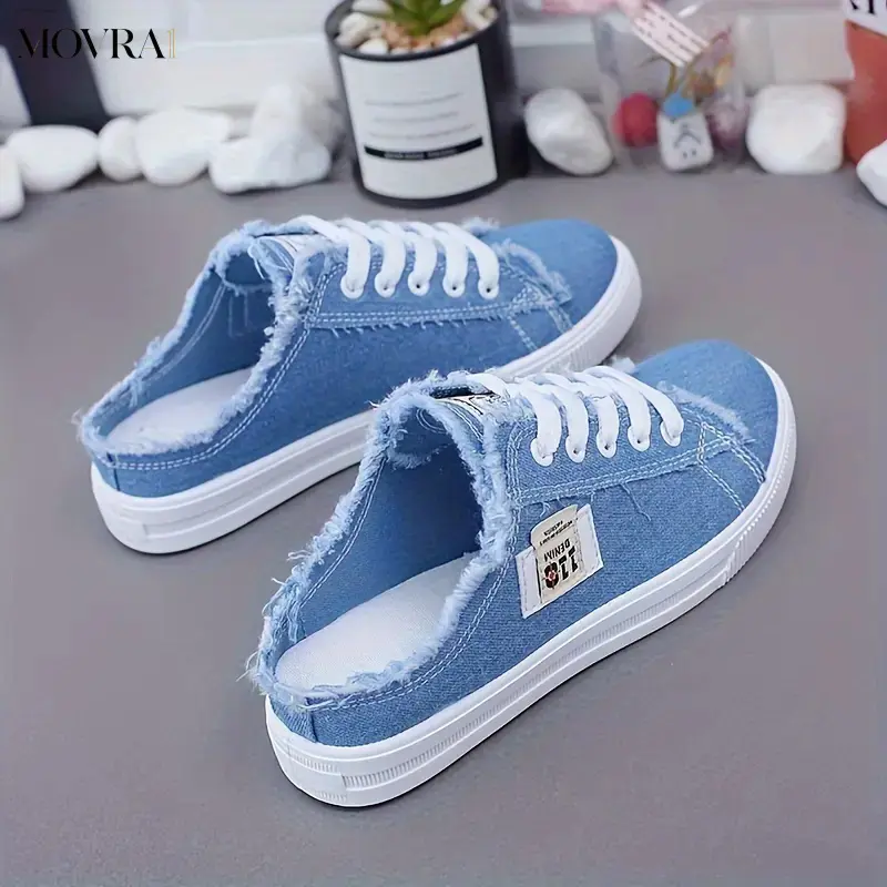 MOVRA1 Women's Simple Mule Sneakers - Comfortable Sports & Outdoor Fabric Upper Shoes, Everyday Shoes for Casual Wear, Daily Use Lace-Up Clogs (Nail White)