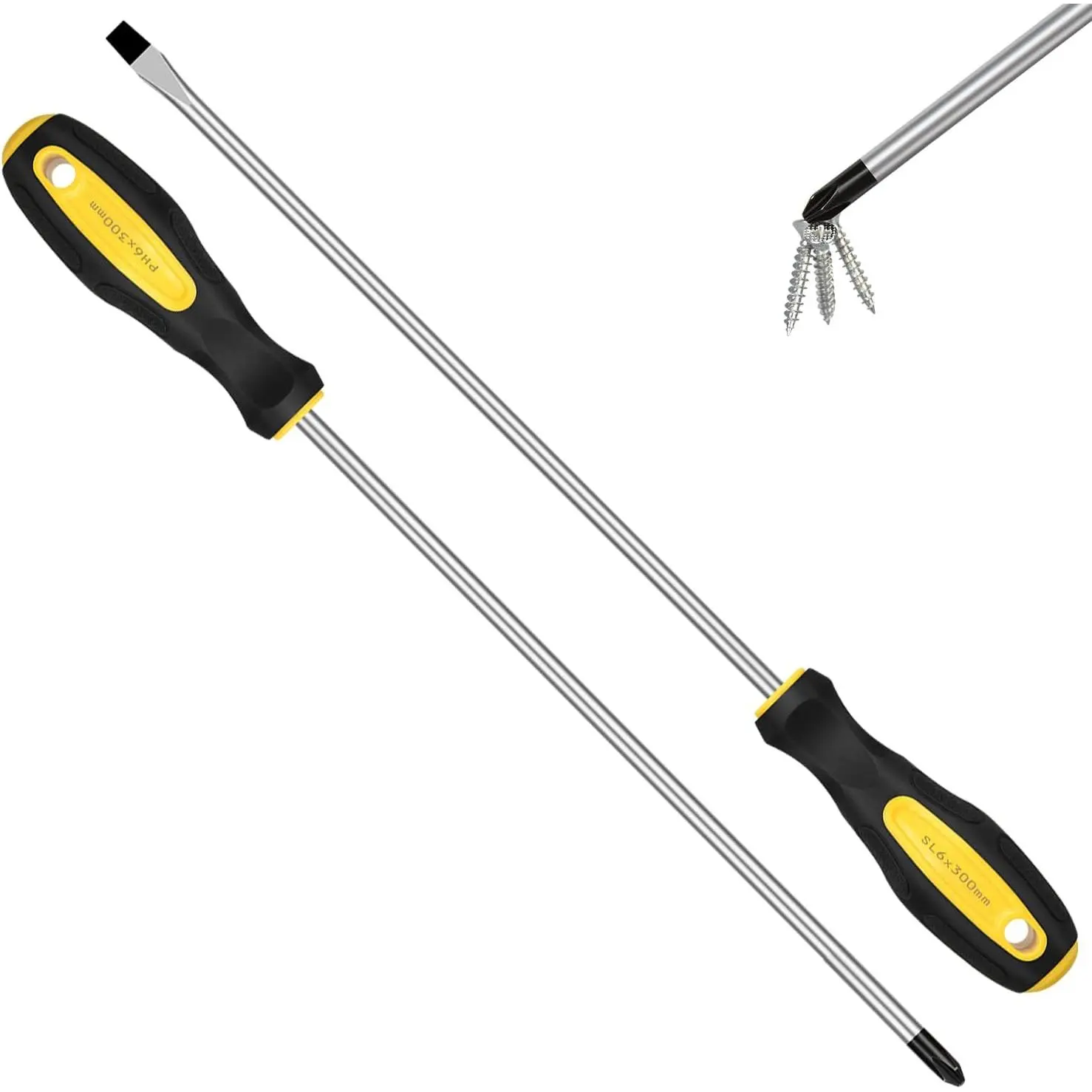 2 count Long   Set, 12in Extra Long Phillips and Slotted | with Non-Slip Cushioned Handle Grip