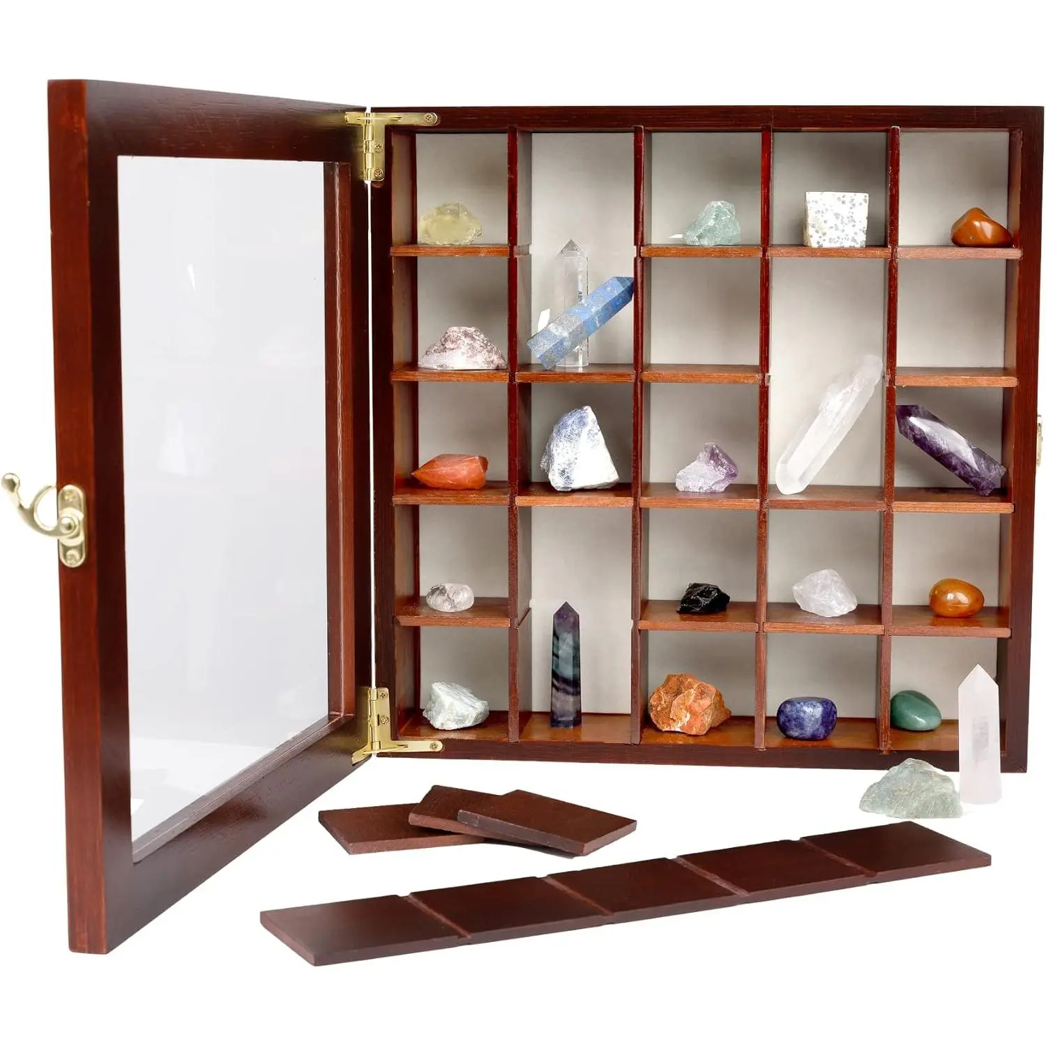 Adjustable Rock Display Case - Rock Collection Box with Fabric Bed for Mineral Display - Dark-Finish Shadow Box with Shelves for  Storage