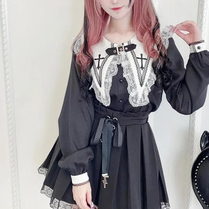 Japanese Gothic Lolita Loose Blouses Sweet Lace Ruffles Embroidery Sailor Collar Shirt Women Punk Style Y2k Long Sleeve Top 2026