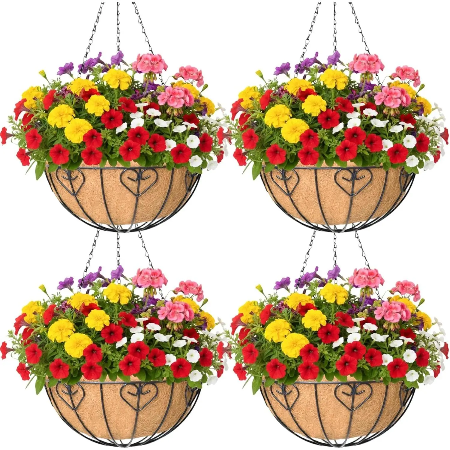 4 Pack 12 Inch Hanging Baskets for Plants Outdoor Metal Hanging Planter Basket with Coco Coir Liner Hanging Flower Baskets Hanging Flower Pots Holder for Garden, Patio(Modern)