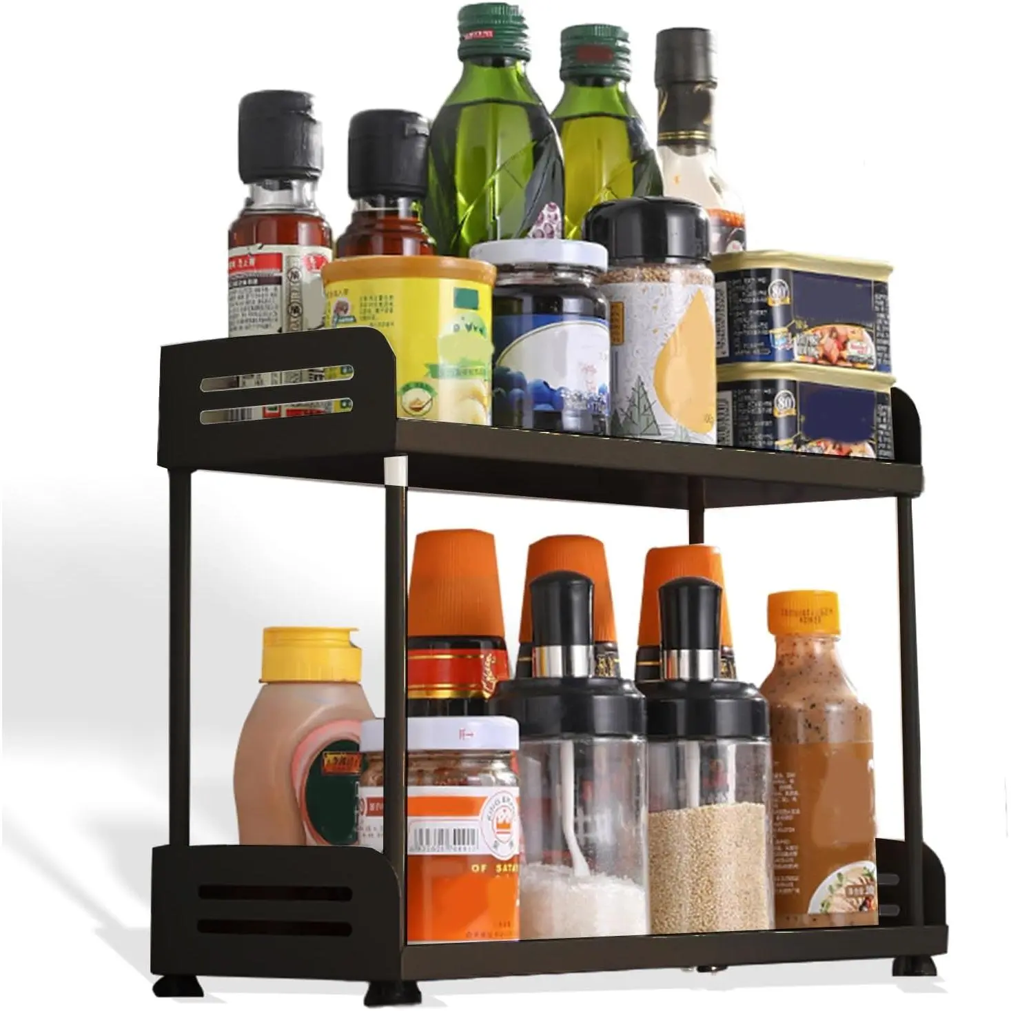 Compact Rustproof 2-Tier Countertop Organizer Shelf - Functional Storage Rack for Kitchen, Bathroom, Bedroom - Ideal for Spices, Toiletries, Skincare, Makeup (Black)