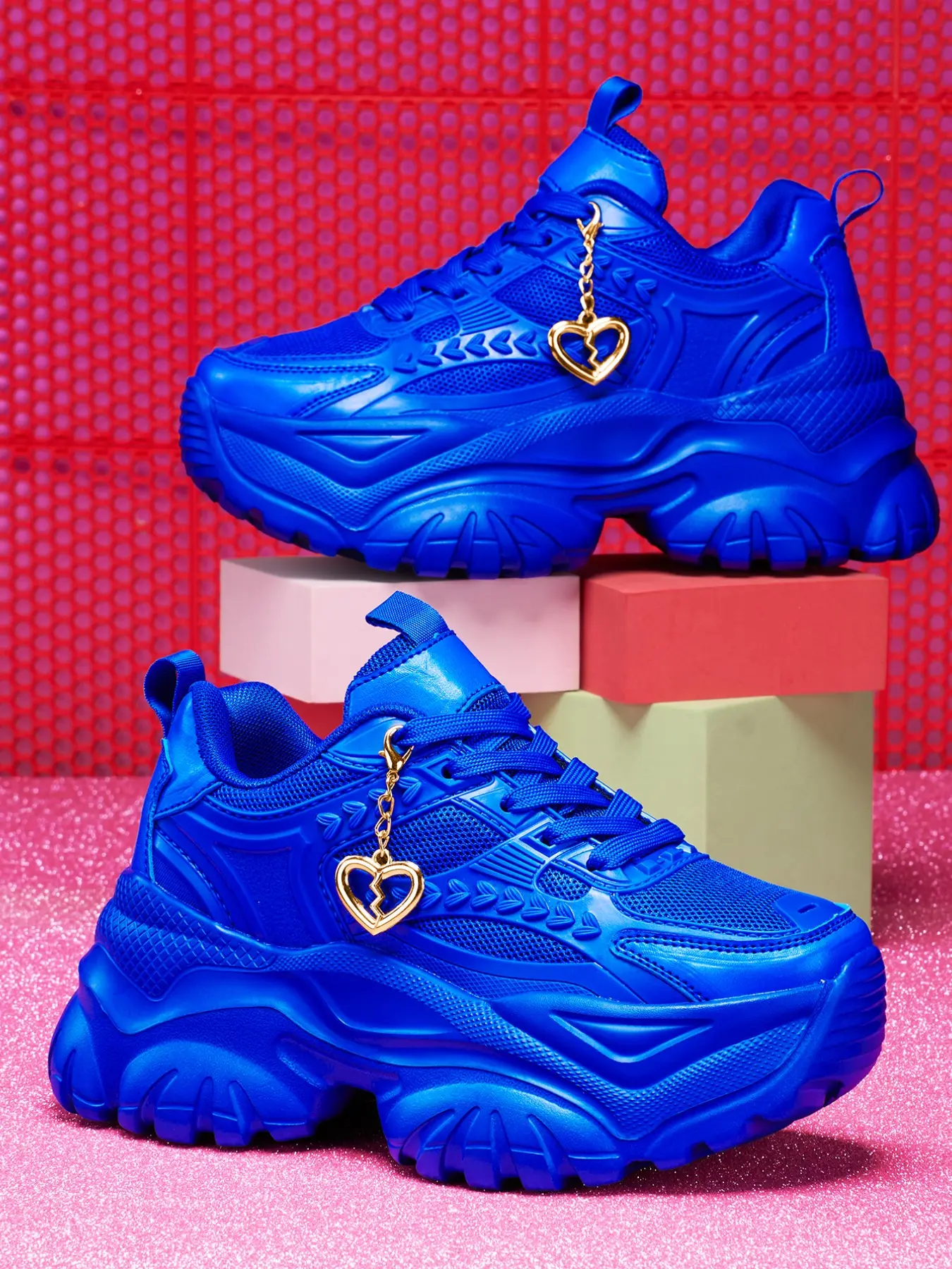Women's Blue Dad Shoes, 7cm Heel Height, Eva Sole, Detachable Gold Heart Charm, Thick Sole, Y2K Style, Casual All-Season Footwear