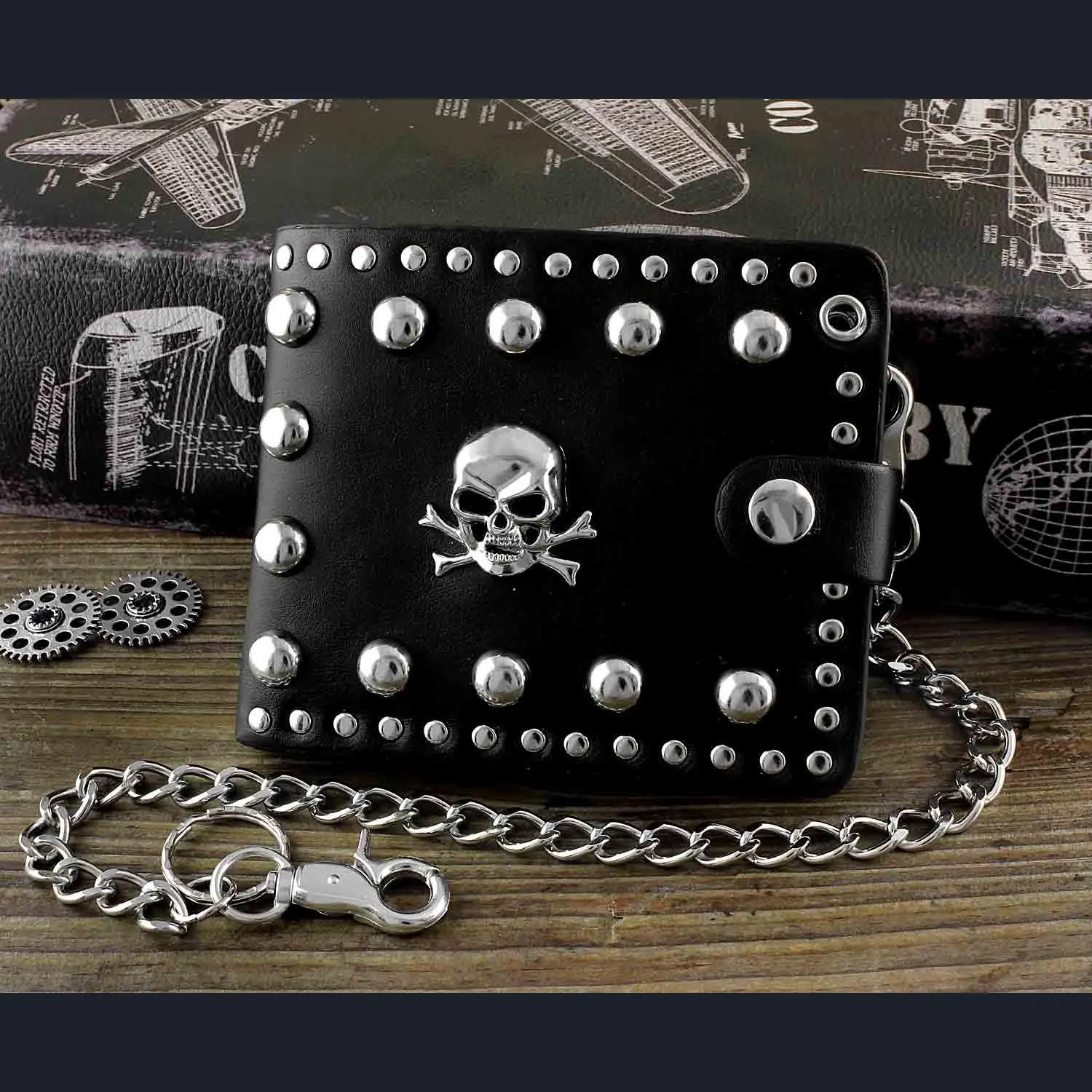 Men's Black Spiked Decorated Gothic Rock PU Leather Wallet with Flap, Detachable Long Keychain, Anti-Theft Security, Casual, Model W7-3, Biker Enthusiasts' Party Accessory