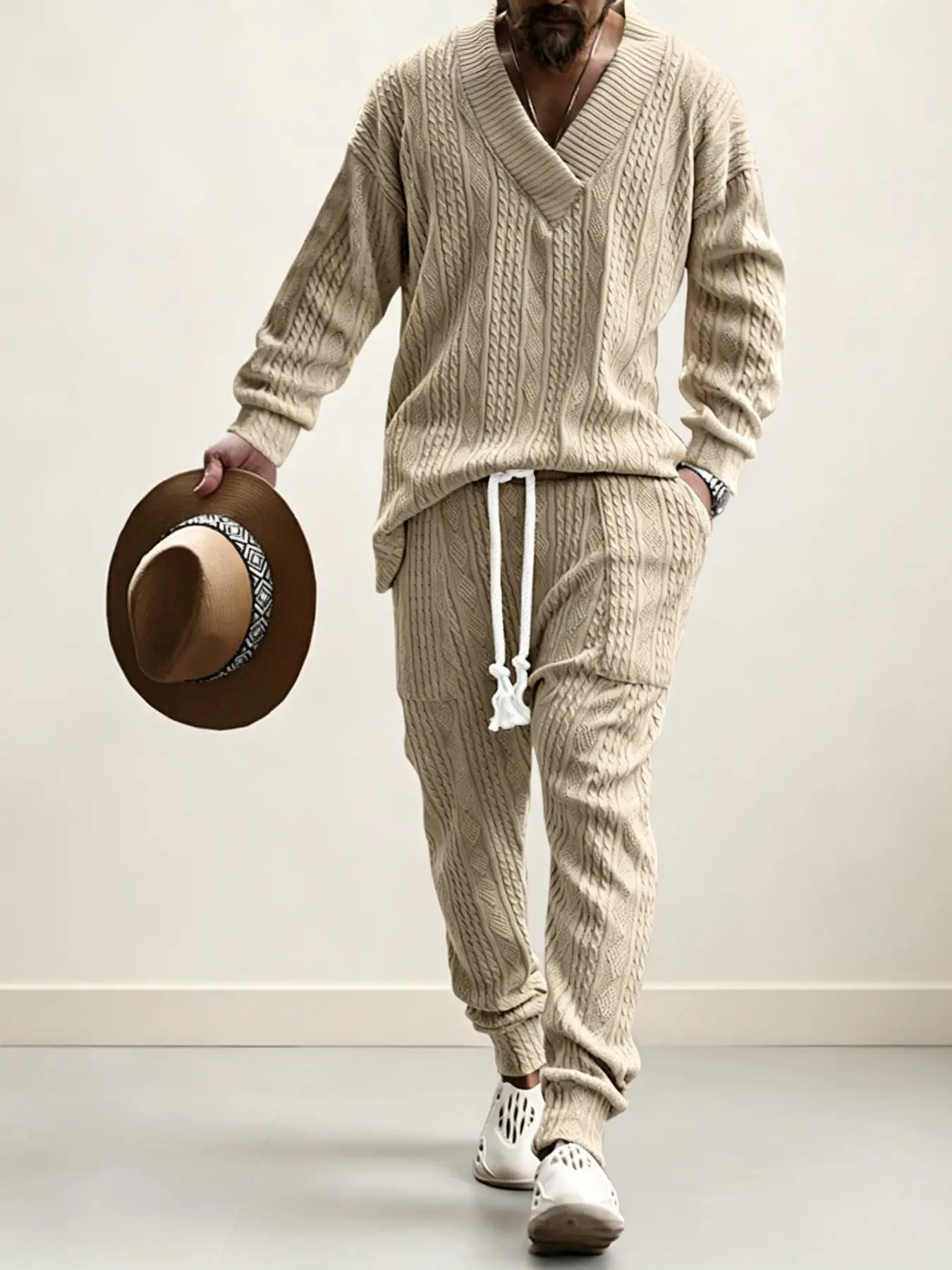 Men's Cable Knit 2 Piece Casual Tracksuit, Deep V Neck Loose Knit Sweater & Tassel Drawstring Jogger Pants, Soft Textured Loungewear for Home Holiday, Multi Colors Plus Sizes S-3XL In Stock