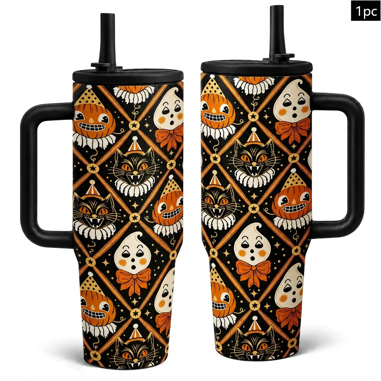 1pcs 40oz Vintage Halloween Black Cat Pumpkin Ghost Print Tumbler With Handle And Straw, Retro Spooky Diamond Pattern Stainless Steel Insulated Travel Coffee Cup, Halloween Holiday Gift For Gothic Party Lovers