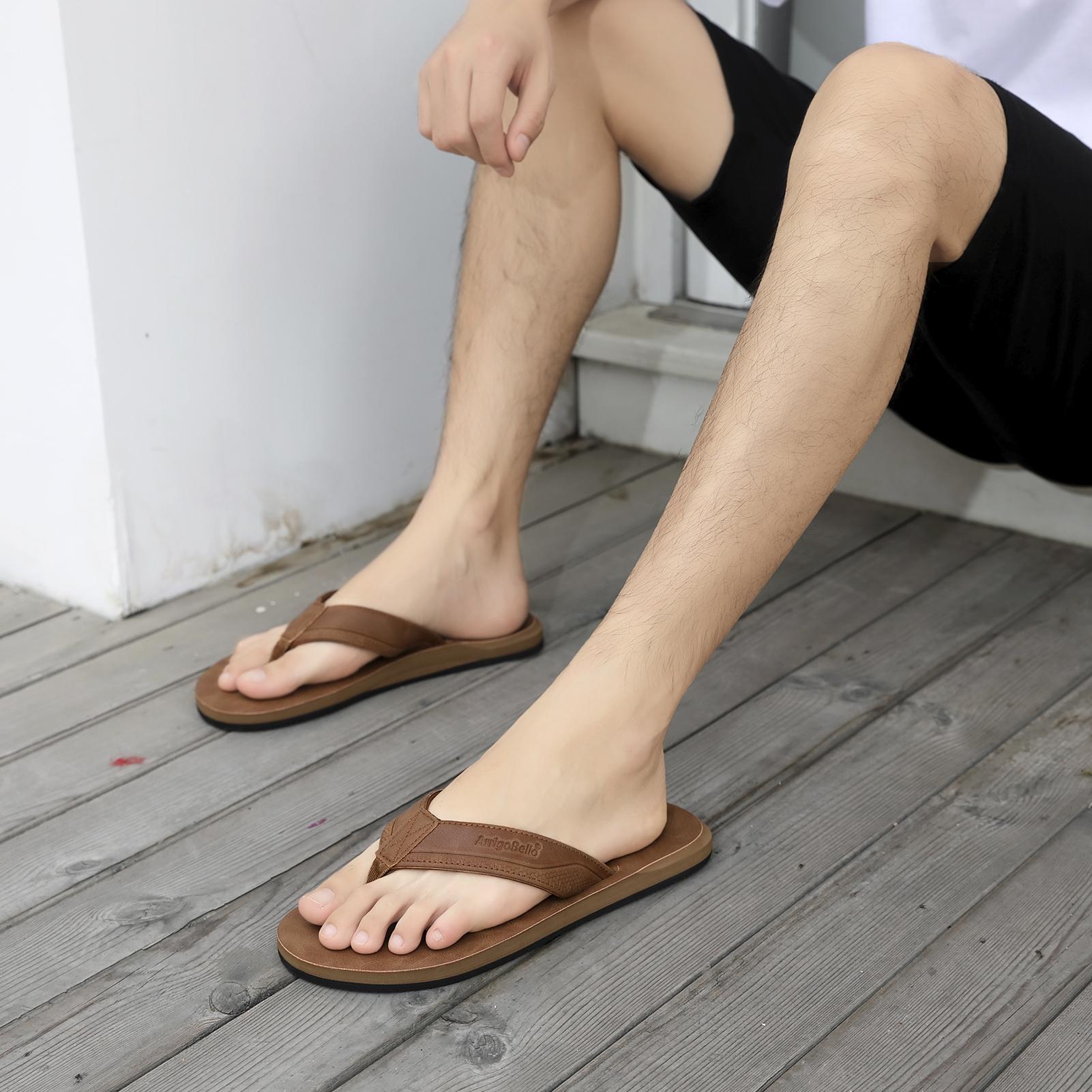 ARRIGOBELLO Mens Arch Support Leather Flip Flops Non-Slip 