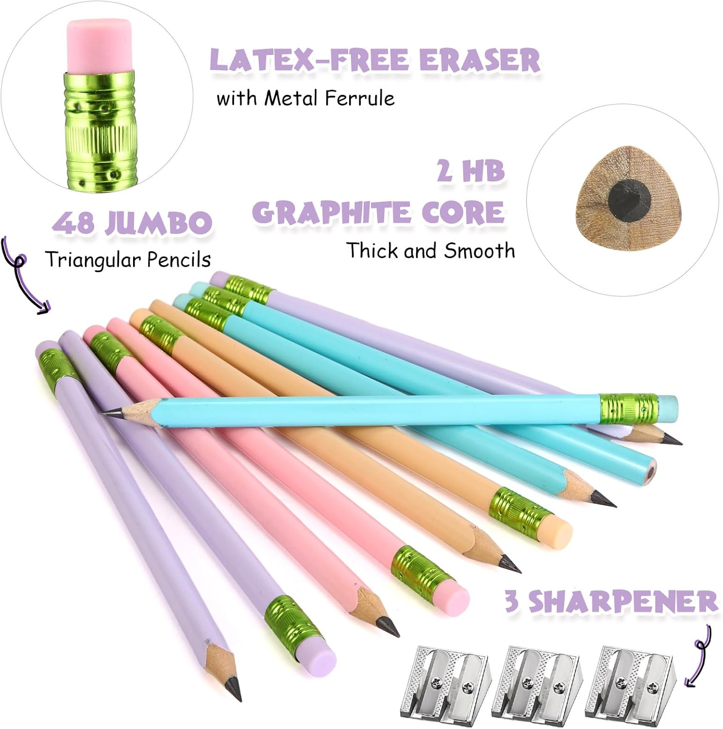 Jumbo Pencil Set (48 Pencils, 3 Sharpeners) - 10 mm Wide, 7.5 Inch Long Large Size Drawing Supplies for Preschoolers, Home & Office Use