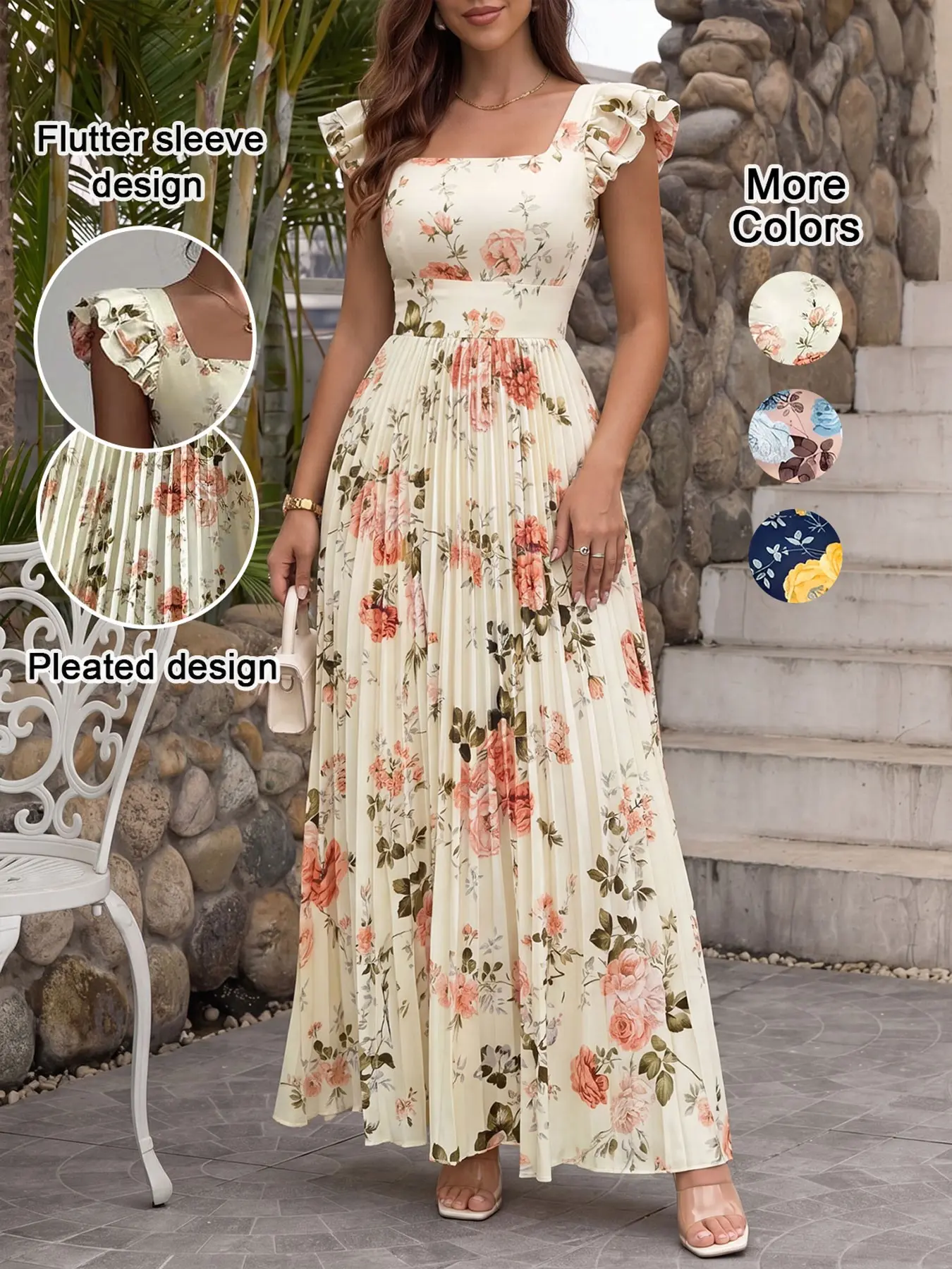 Women's Square Neck Floral Elegant Pleated Ruffled Long Dress, High Tie-waist Slim Fit A-Line Formal Party Dresses, With Ruffled Short Sleeves, Elegant, Feminine and Romantic Women's Dresses, Floral Pattern Dress Aesthetic Elegance Chic