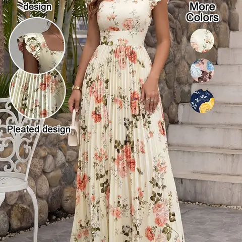 Women's Square Neck Floral Elegant Pleated Ruffled Long Dress, High Tie-waist Slim Fit A-Line Party Dresses, With Ruffled Short Sleeves, Elegant, Feminine and Romantic Women's Dresses, Floral Pattern Dress Aesthetic Elegance Chic, Ball Party Dress