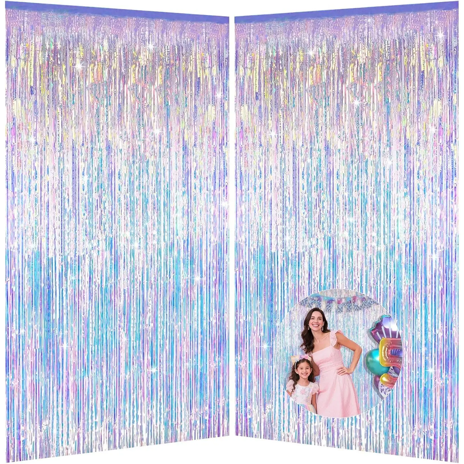 Iridescent Party Decorations Fringe Backdrop, Sparkling Holographic Foil Fringe Tinsel Curtains for Frozen  Birthday Party Decor - 3.28x6.56ft 2 Packs