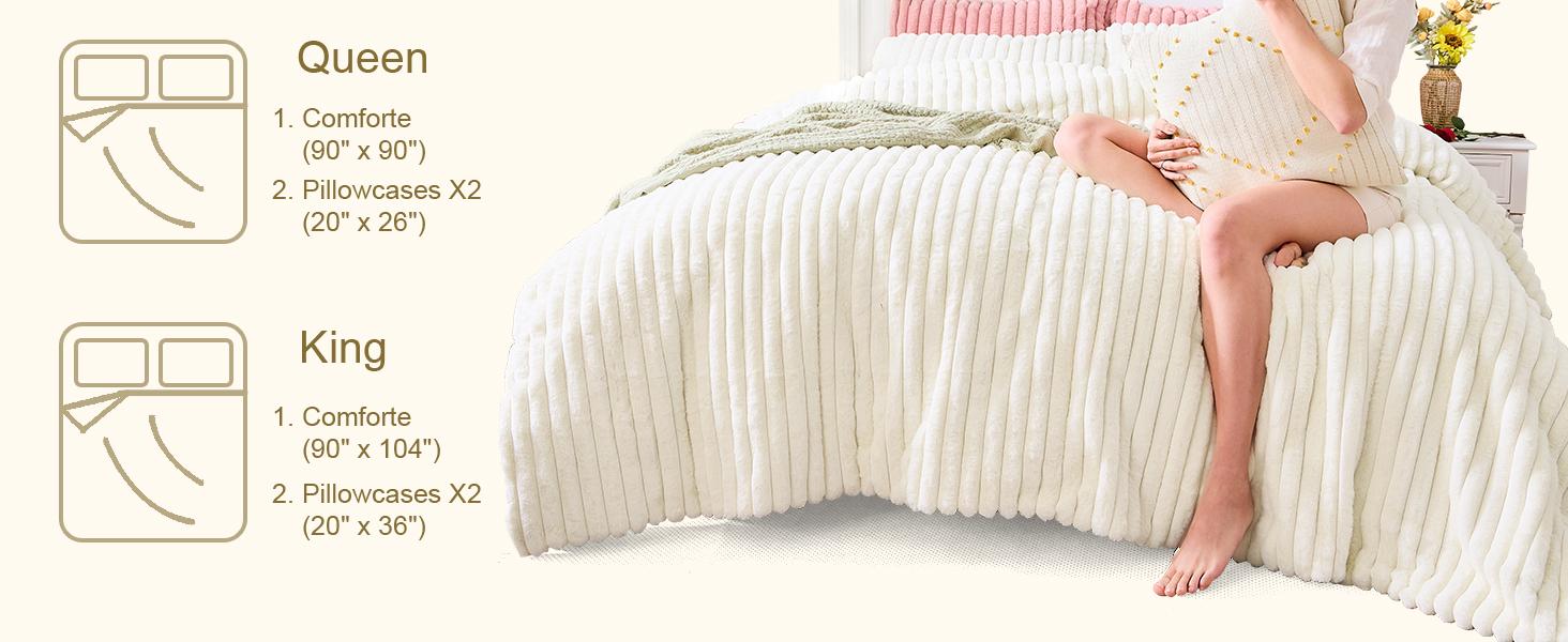Faux Fur King Size Comforter Set 3 Pieces – Soft White Comforter Full Size, Vertical Striped Faux Fur Fuzzy Warm Bedding Set(1 Comforter and 2 Pillowcases)
