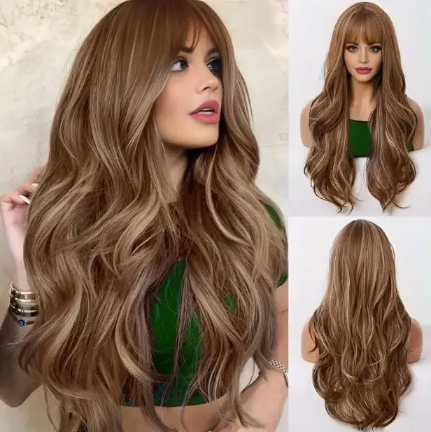 Women's 30-Inch Brown Highlighted Blonde Body Wave Bob Synthetic Wig with Bangs, Synthetic Material Wigs for Daily & Party Hair Replacement