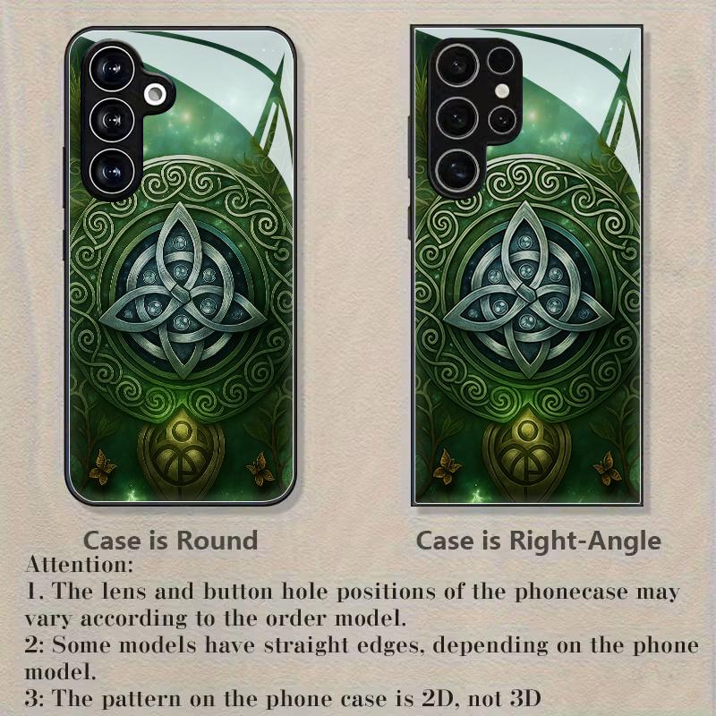 Mysterious Celtic Emerald Rune Black Tempered Glass Case, Suitable for Samsung Galaxy S26 S25 S24 S23 S22Pro S21 S20 Fe Plus Ultra Pro A56 A55 A54 A53 A52 A51 A36 A35 A34 A32 A26 A25 A24 A23 A16 A15 A14 A06 A05 A03s
