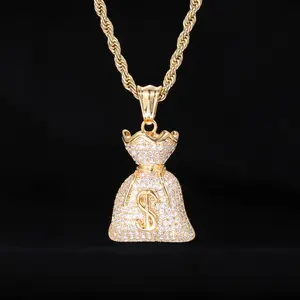 Men’s Trendy Street Hip-Hop Pendant Necklace with Dollar Bag Charm, Delicate Design, Micro-Set Cubic Zirconia