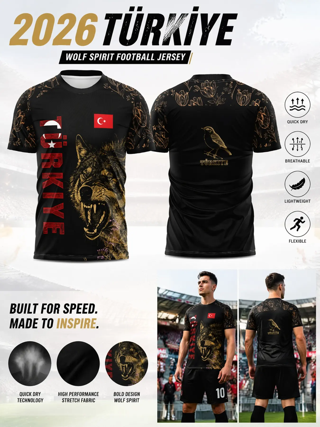 2026 Turkish Gold Soccer Jersey, Ultra-Light Quick-Dry Sportswear, Tulip Print, Durable Stitching, Ideal for Football & Gym Training