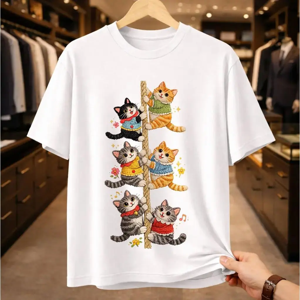 Cute 6 Kittens in Sweaters Cat T-Shirt Unisex Black White up to 3XL Kawaii Colorful Streetwear Crew Neck Top Womenswear Tee