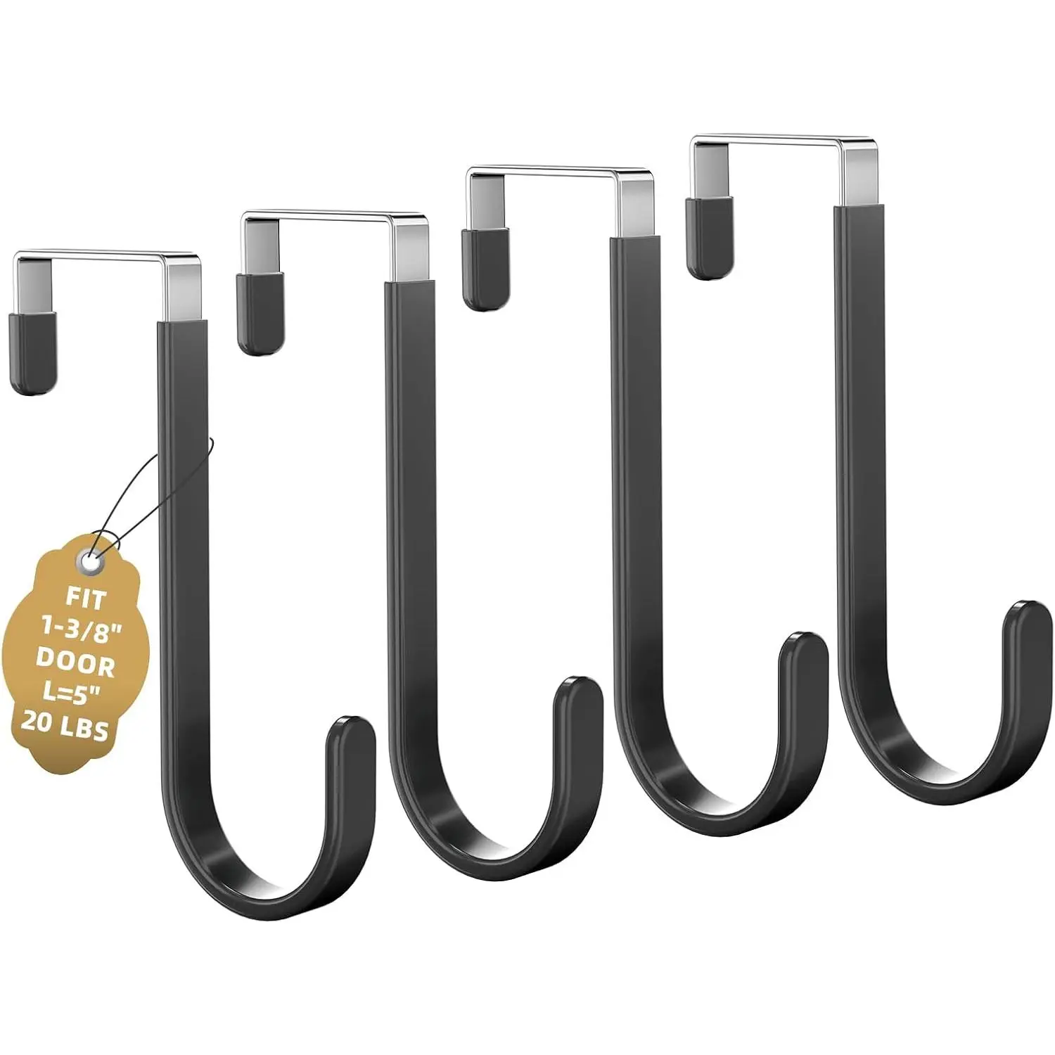Over the Door Hooks, 4 Pack Heavy Door Hanger Organizer with Non-Slip Rubber, Over Door Hanger for Towels, Coats, Bags, Space Saving Door Coat Hanger for Living Room,Bathroom, Bedroom (Black, Short)
