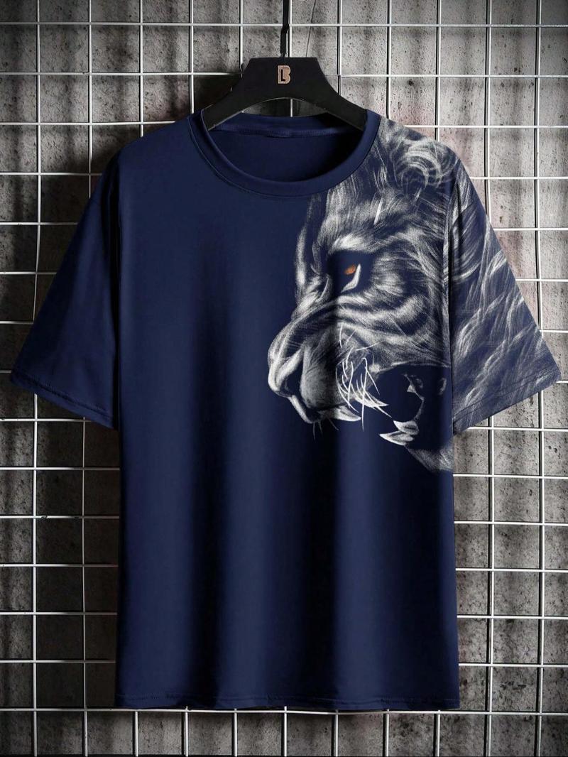 Men's Lion Print Round Neck Tee, Loose Casual Short Sleeve Crew Neck T-shirt for Summer, Fashion Men's Top for Daily Wear, Gym Shirts, Athletic Crew Neck, Gym Tees