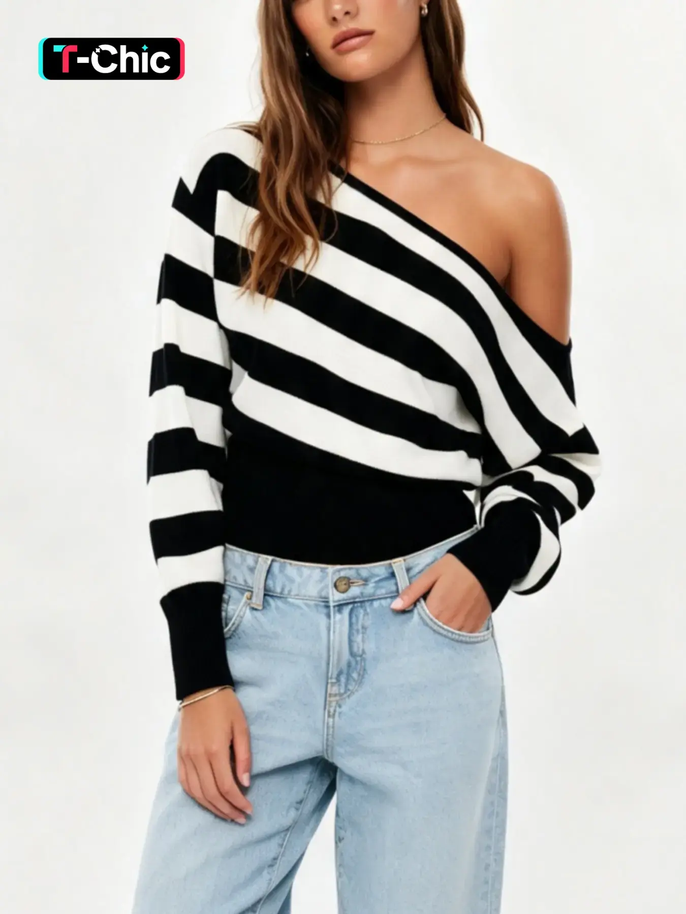 Women's Striped Off-Shoulder Waist Cinch Sweater, Stylish and Comfortable Knitwear, Perfect for Casual, Ideal for Daily Wear