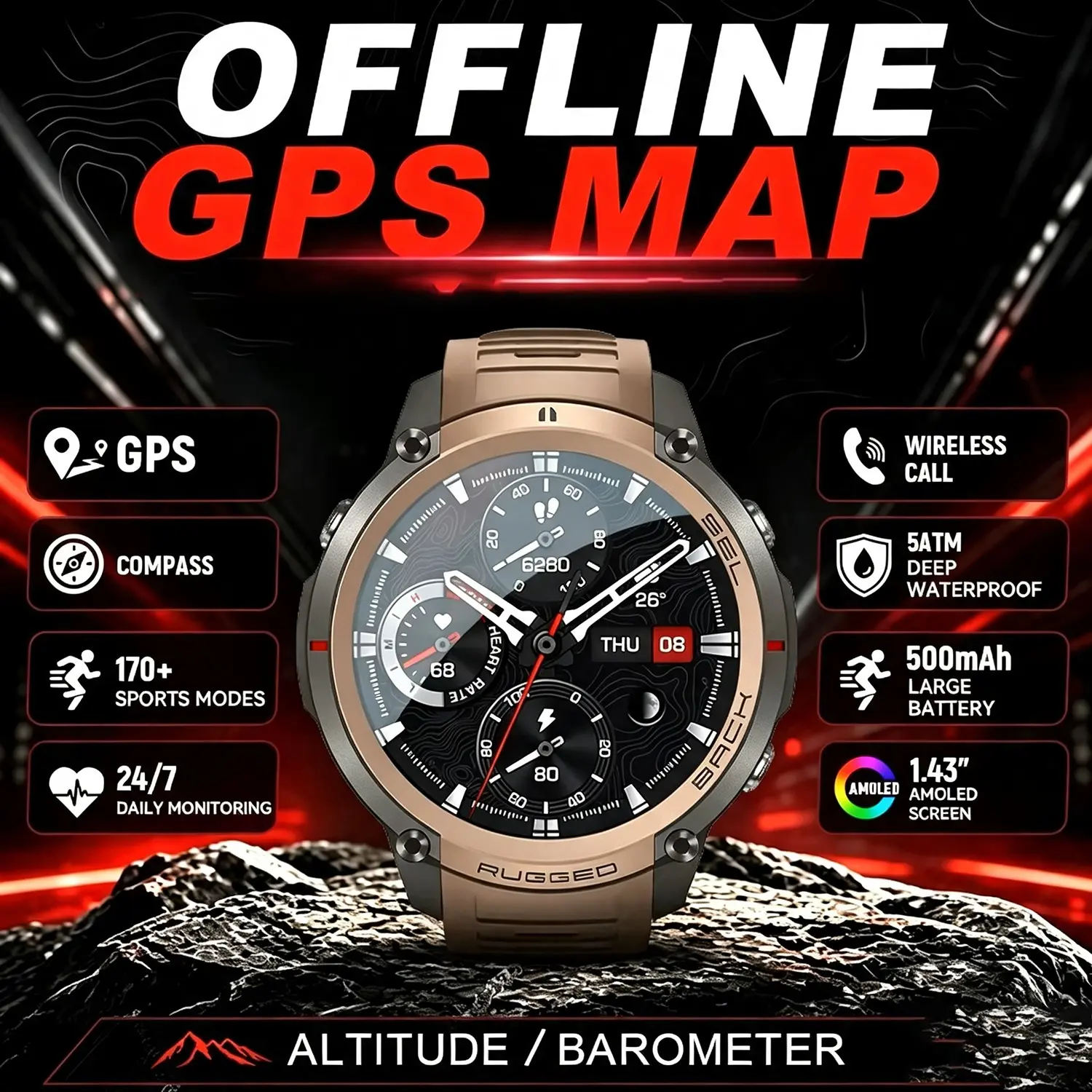 2026 New Men Military Certified Sports Smart Watch Outdoor GPS Offline Map 5ATM Waterproof 1.43”AMOLED Global BT Call Smartwatch