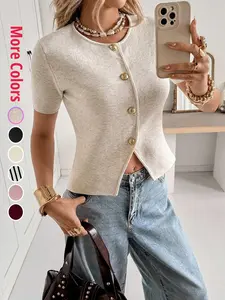 Women's Knit Short Top with Buttons, Fitted Design, Casual Style, Half Sleeve, Perfect for Spring and Summer